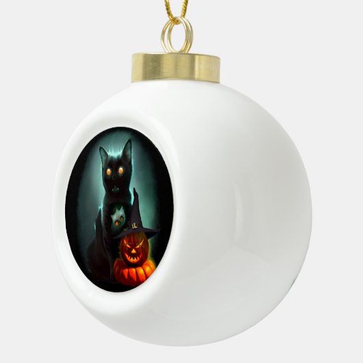 Vampire Cat and Wizard Pumpkin Halloween Surreal Keramische Bal Ornament (Rechts)
