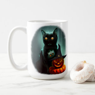 Vampire Cat and Wizard Pumpkin Halloween Surreal Koffiemok
