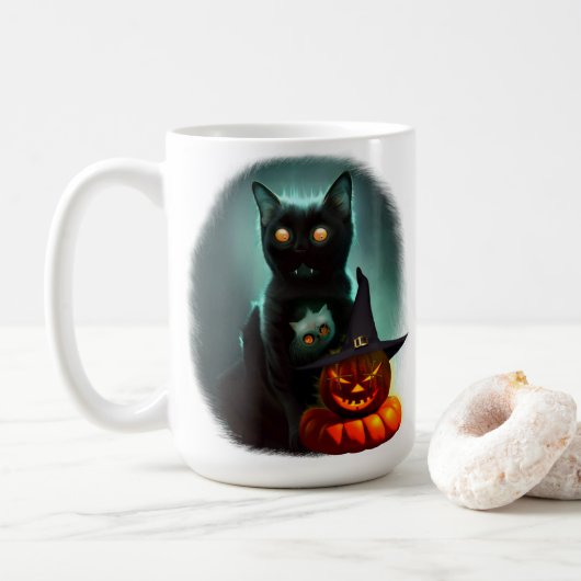 Vampire Cat and Wizard Pumpkin Halloween Surreal Koffiemok (Met donut)