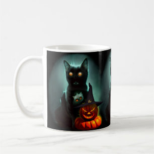 Vampire Cat and Wizard Pumpkin Halloween Surreal Koffiemok
