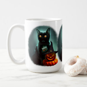 Vampire Cat and Wizard Pumpkin Halloween Surreal Koffiemok
