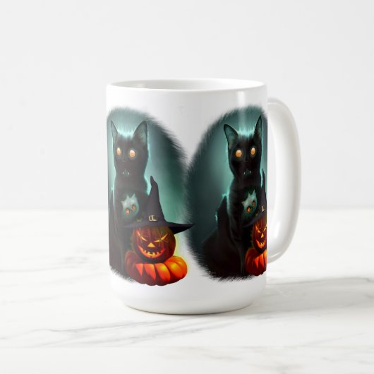 Vampire Cat and Wizard Pumpkin Halloween Surreal Koffiemok (Voorkant rechts)