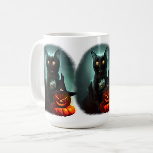 Vampire Cat and Wizard Pumpkin Halloween Surreal Koffiemok (Voorkant links)