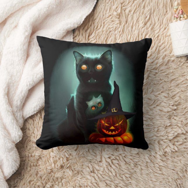 Vampire Cat and Wizard Pumpkin Halloween Surreal Kussen (Deken)