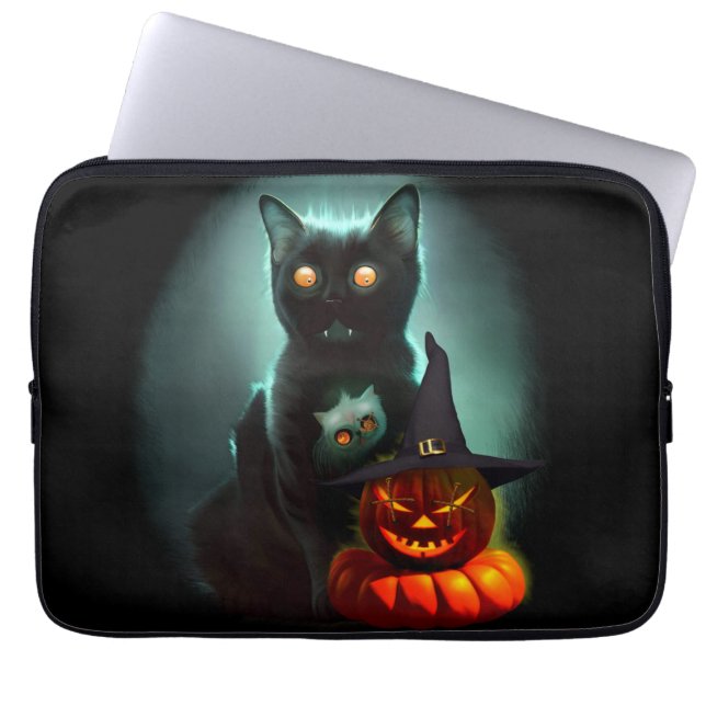 Vampire Cat and Wizard Pumpkin Halloween Surreal Laptop Sleeve (Voorkant)