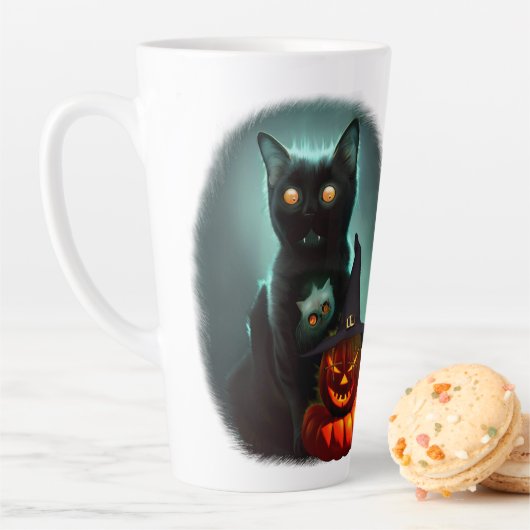 Vampire Cat and Wizard Pumpkin Halloween Surreal Latte Mok (In situ)