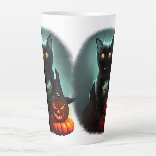 Vampire Cat and Wizard Pumpkin Halloween Surreal Latte Mok (Voorkant)