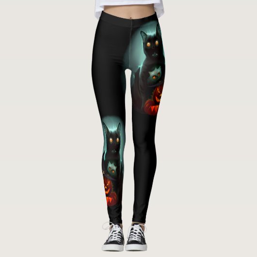 Vampire Cat and Wizard Pumpkin Halloween Surreal Leggings (Voorkant)