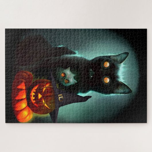 Vampire Cat and Wizard Pumpkin Halloween Surreal Legpuzzel (Horizontaal)