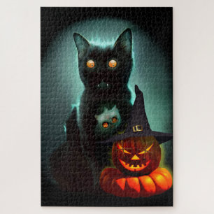 Vampire Cat and Wizard Pumpkin Halloween Surreal Legpuzzel
