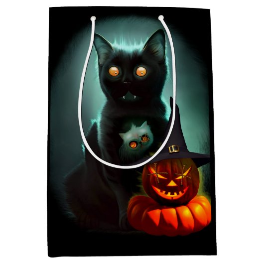 Vampire Cat and Wizard Pumpkin Halloween Surreal Medium Cadeauzakje (Voorkant)