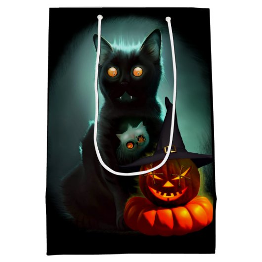 Vampire Cat and Wizard Pumpkin Halloween Surreal Medium Cadeauzakje (Achterkant)