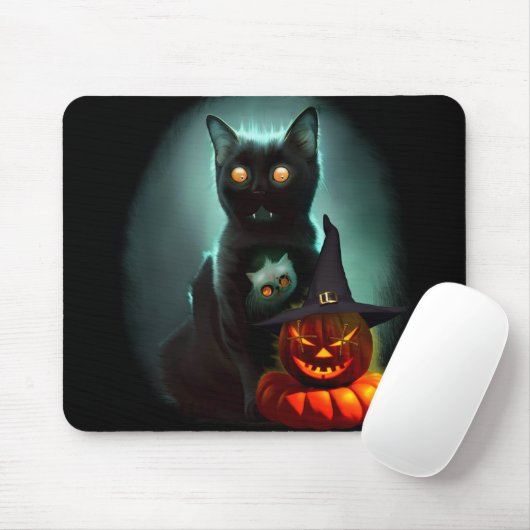 Vampire Cat and Wizard Pumpkin Halloween Surreal Muismat (Met muis)