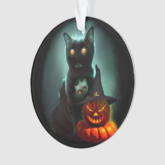 Vampire Cat and Wizard Pumpkin Halloween Surreal Ornament (voorkant)