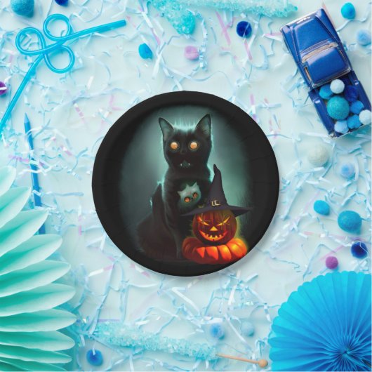 Vampire Cat and Wizard Pumpkin Halloween Surreal Papieren Bordje (Feest)