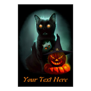 Vampire Cat and Wizard Pumpkin Halloween Surreal Perfect Poster