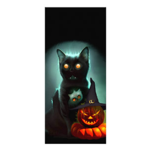 Vampire Cat and Wizard Pumpkin Halloween Surreal Reclamekaart