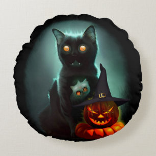 Vampire Cat and Wizard Pumpkin Halloween Surreal Rond Kussen
