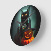Vampire Cat and Wizard Pumpkin Halloween Surreal Ronde Klok (Hoek)
