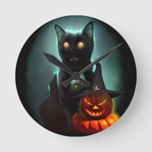 Vampire Cat and Wizard Pumpkin Halloween Surreal Ronde Klok