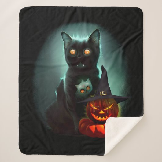 Vampire Cat and Wizard Pumpkin Halloween Surreal Sherpa Deken (Voorkant)
