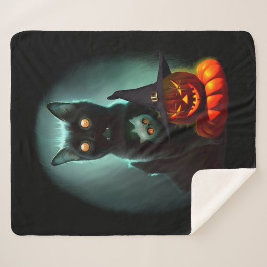 Vampire Cat and Wizard Pumpkin Halloween Surreal Sherpa Deken (Voorkant (horizontaal))