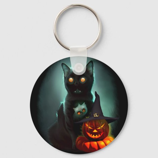 Vampire Cat and Wizard Pumpkin Halloween Surreal Sleutelhanger (Voorkant)