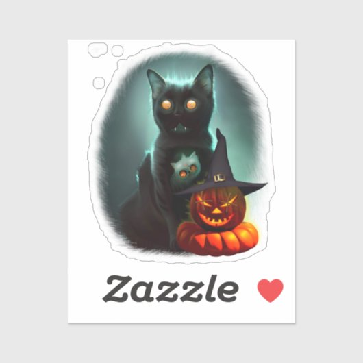 Vampire Cat and Wizard Pumpkin Halloween Surreal Sticker (Vel)