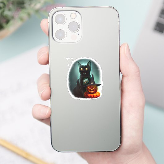 Vampire Cat and Wizard Pumpkin Halloween Surreal Sticker (Telefoon)