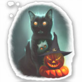 Vampire Cat and Wizard Pumpkin Halloween Surreal Sticker (Voorkant)