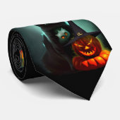 Vampire Cat and Wizard Pumpkin Halloween Surreal Stropdas (Opgerold)