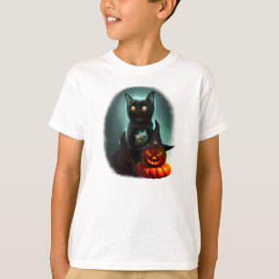 Vampire Cat and Wizard Pumpkin Halloween Surreal T-shirt