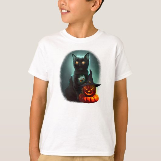 Vampire Cat and Wizard Pumpkin Halloween Surreal T-shirt (Voorkant)
