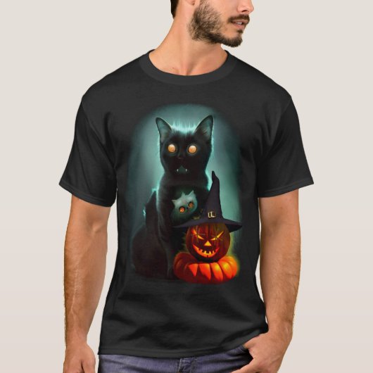 Vampire Cat and Wizard Pumpkin Halloween Surreal T-shirt (Voorkant)
