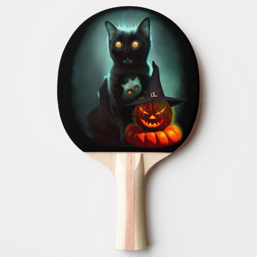 Vampire Cat and Wizard Pumpkin Halloween Surreal Tafeltennisbatje (Voorkant)
