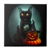 Vampire Cat and Wizard Pumpkin Halloween Surreal Tegeltje (Voorkant)