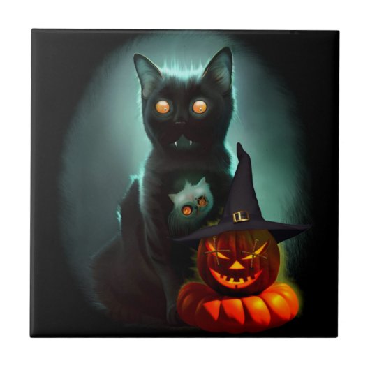 Vampire Cat and Wizard Pumpkin Halloween Surreal Tegeltje (Voorkant)