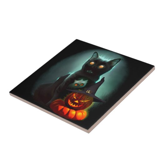 Vampire Cat and Wizard Pumpkin Halloween Surreal Tegeltje (Zijkant)