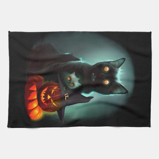 Vampire Cat and Wizard Pumpkin Halloween Surreal Theedoek (Horizontaal)