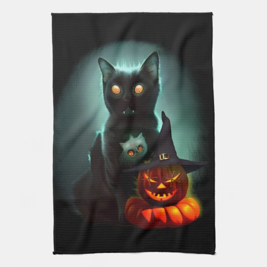 Vampire Cat and Wizard Pumpkin Halloween Surreal Theedoek (Verticaal)