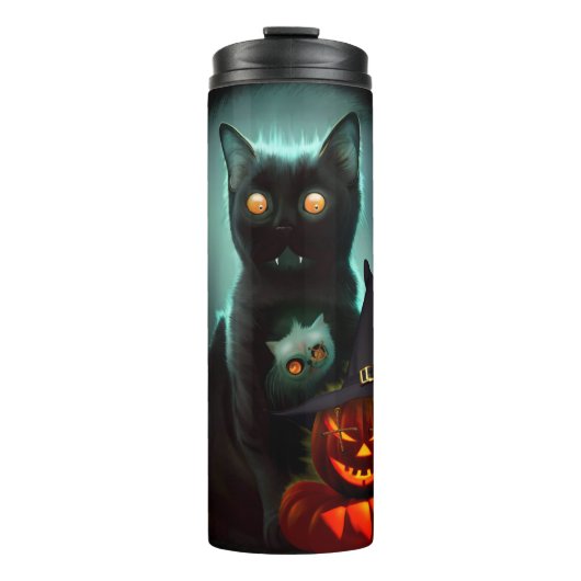 Vampire Cat and Wizard Pumpkin Halloween Surreal Thermosbeker (Voorkant)