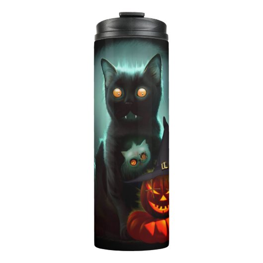 Vampire Cat and Wizard Pumpkin Halloween Surreal Thermosbeker (Voorkant)