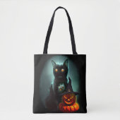 Vampire Cat and Wizard Pumpkin Halloween Surreal Tote Bag (Voorkant)