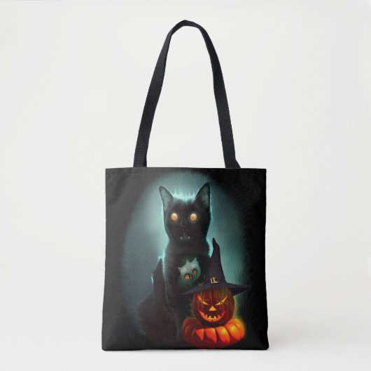 Vampire Cat and Wizard Pumpkin Halloween Surreal Tote Bag (Voorkant)
