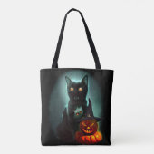 Vampire Cat and Wizard Pumpkin Halloween Surreal Tote Bag (Achterkant)
