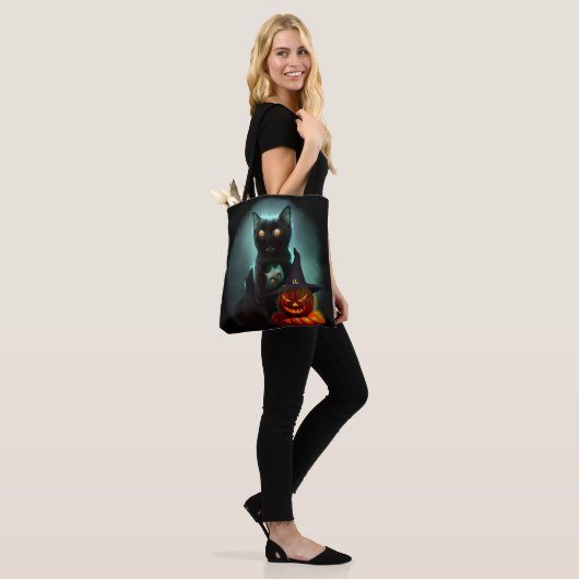 Vampire Cat and Wizard Pumpkin Halloween Surreal Tote Bag (Op model)