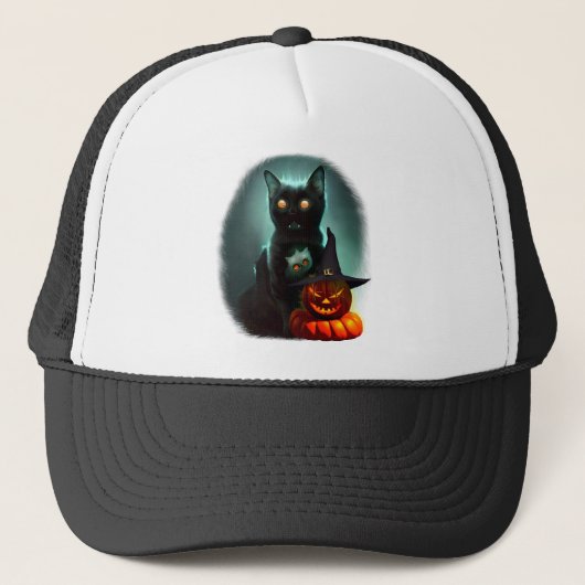 Vampire Cat and Wizard Pumpkin Halloween Surreal Trucker Pet (Voorkant)