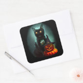 Vampire Cat and Wizard Pumpkin Halloween Surreal Vierkante Sticker (Envelop)