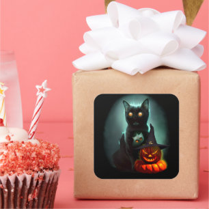 Vampire Cat and Wizard Pumpkin Halloween Surreal Vierkante Sticker