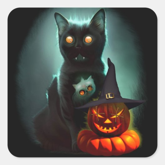 Vampire Cat and Wizard Pumpkin Halloween Surreal Vierkante Sticker (Voorkant)